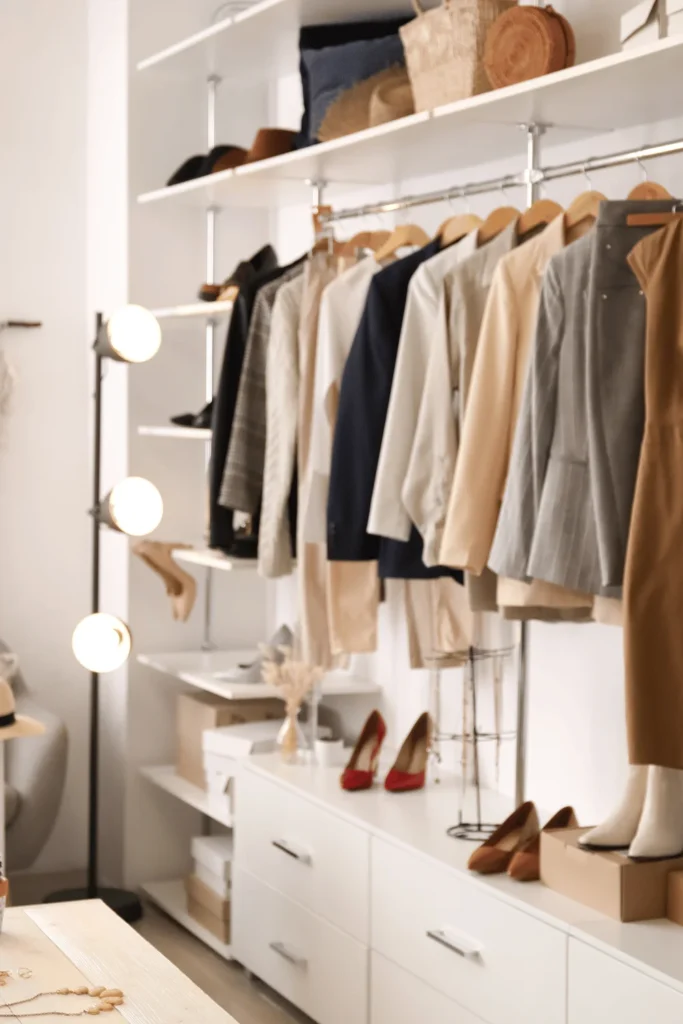 can you sell clothes on Etsy image of beige, black and white clothes hanging in a closet