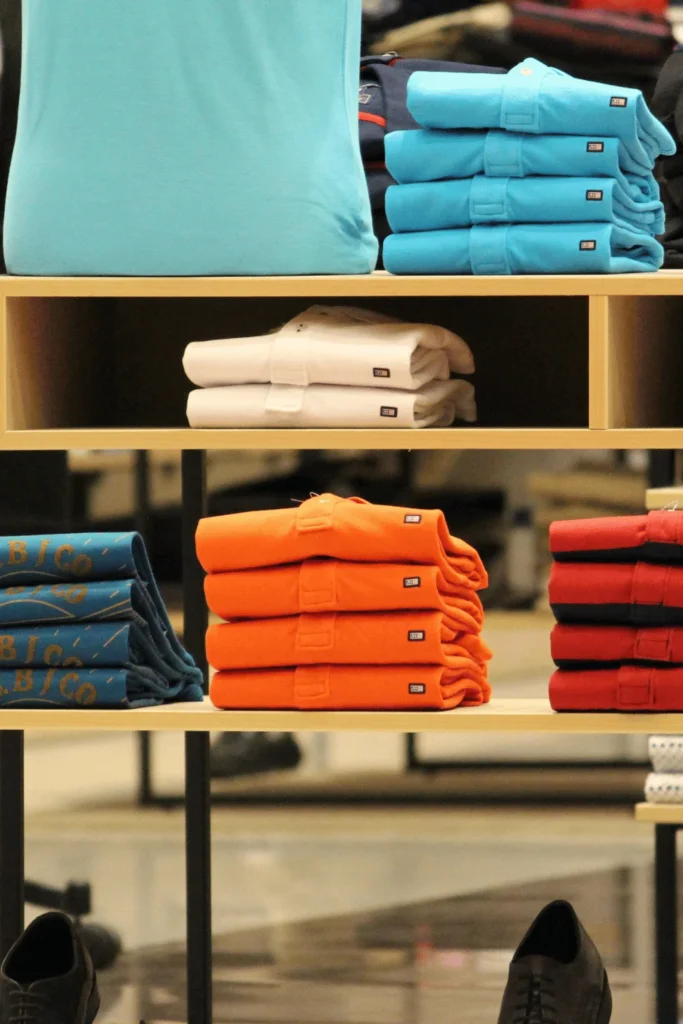 clothing display with multi colored shirts