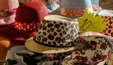 Colorful collection of hats on display at a market